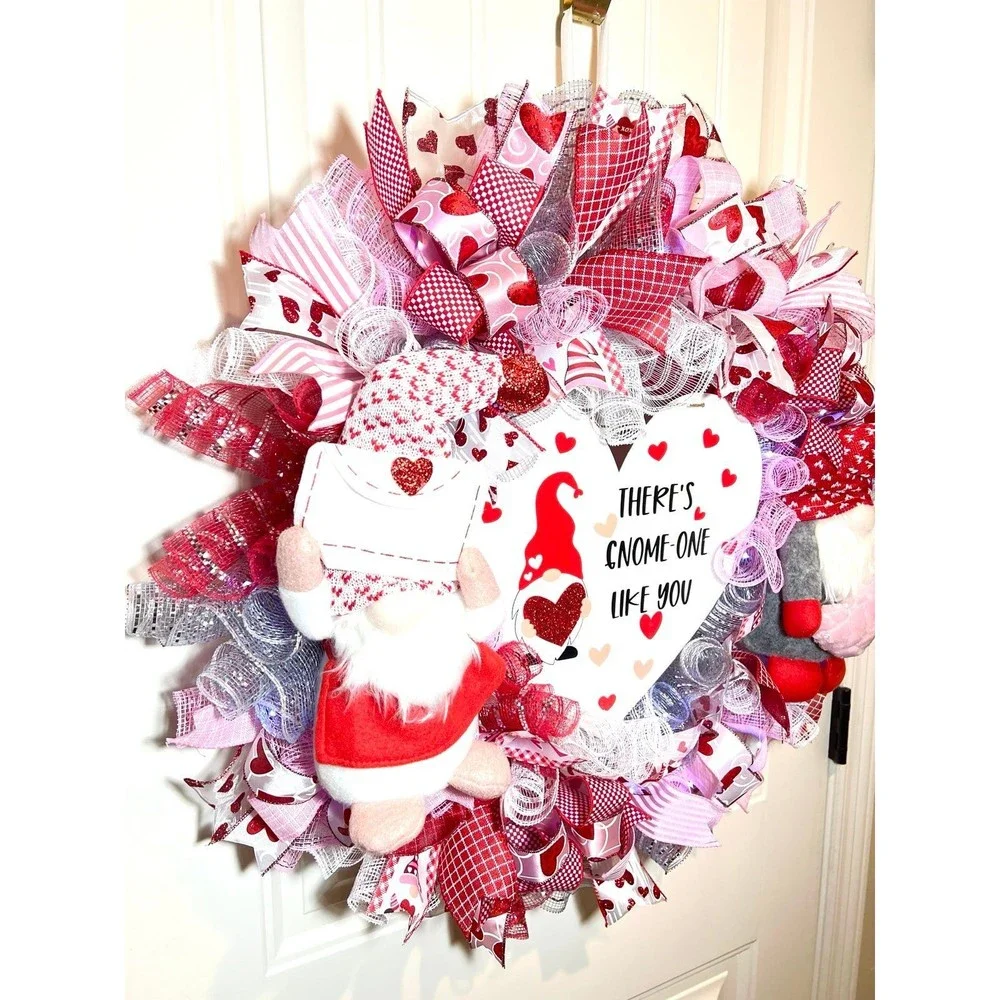 XL Handmade Valentine’s Gnome-one Like You Ribbon Prelit Wreath 26 ins LED XLW7